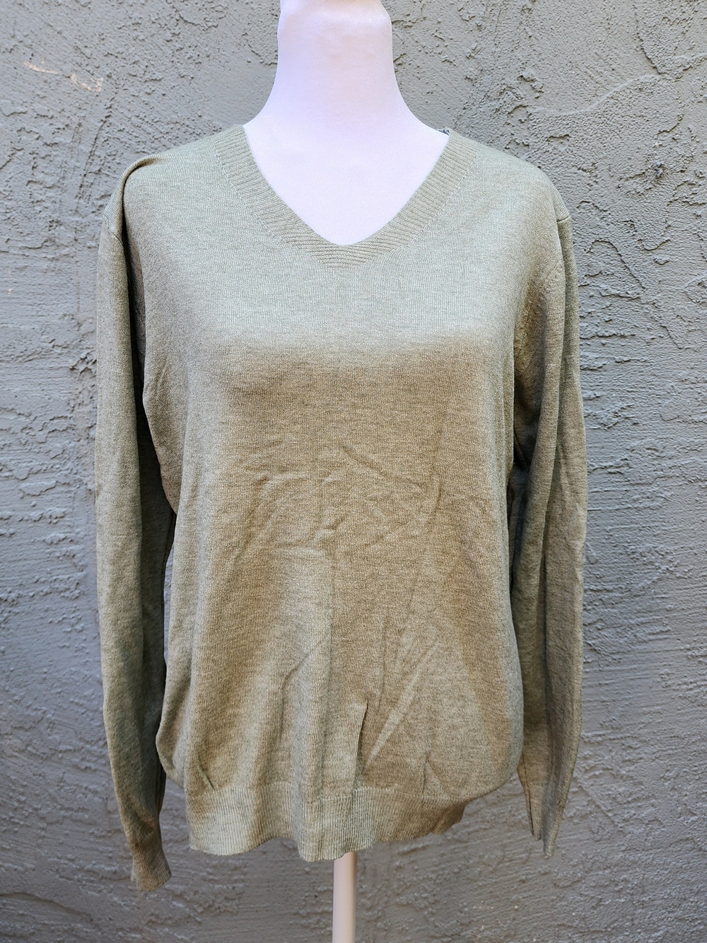 NWOT Sage Green V-Neck Fine Gauge Knit Pullover Sweater Long Sleeve [M]